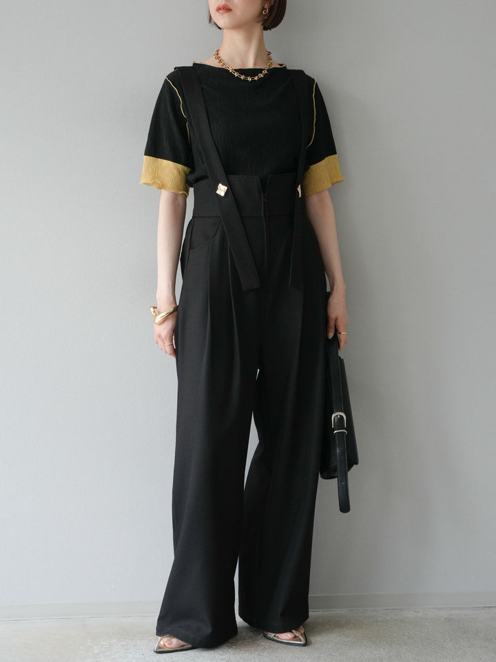 [SET]プリーツ配色ボートネックプルオーバー+ゴールドボタンサスペンダーワイドパンツ(2set)