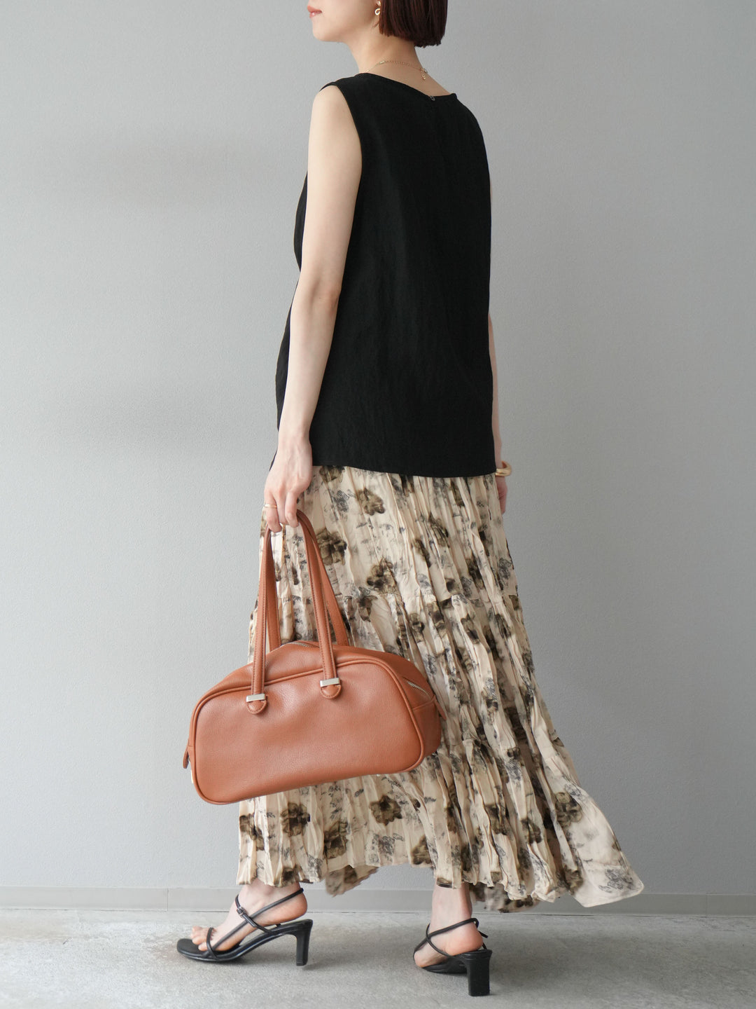 [SET]フロント巻きノースリーブブラウス+フラワーワッシャーロングスカート(2set)