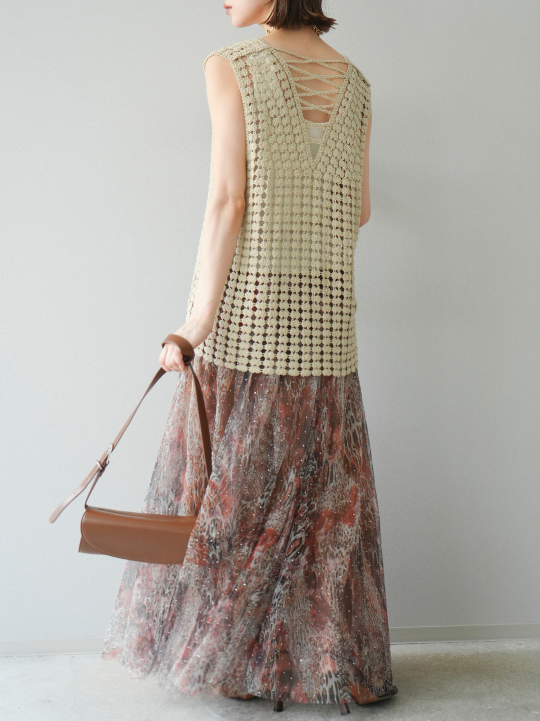 [予約]ニュアンス柄チュールレイヤードプリーツスカート/ブラウン