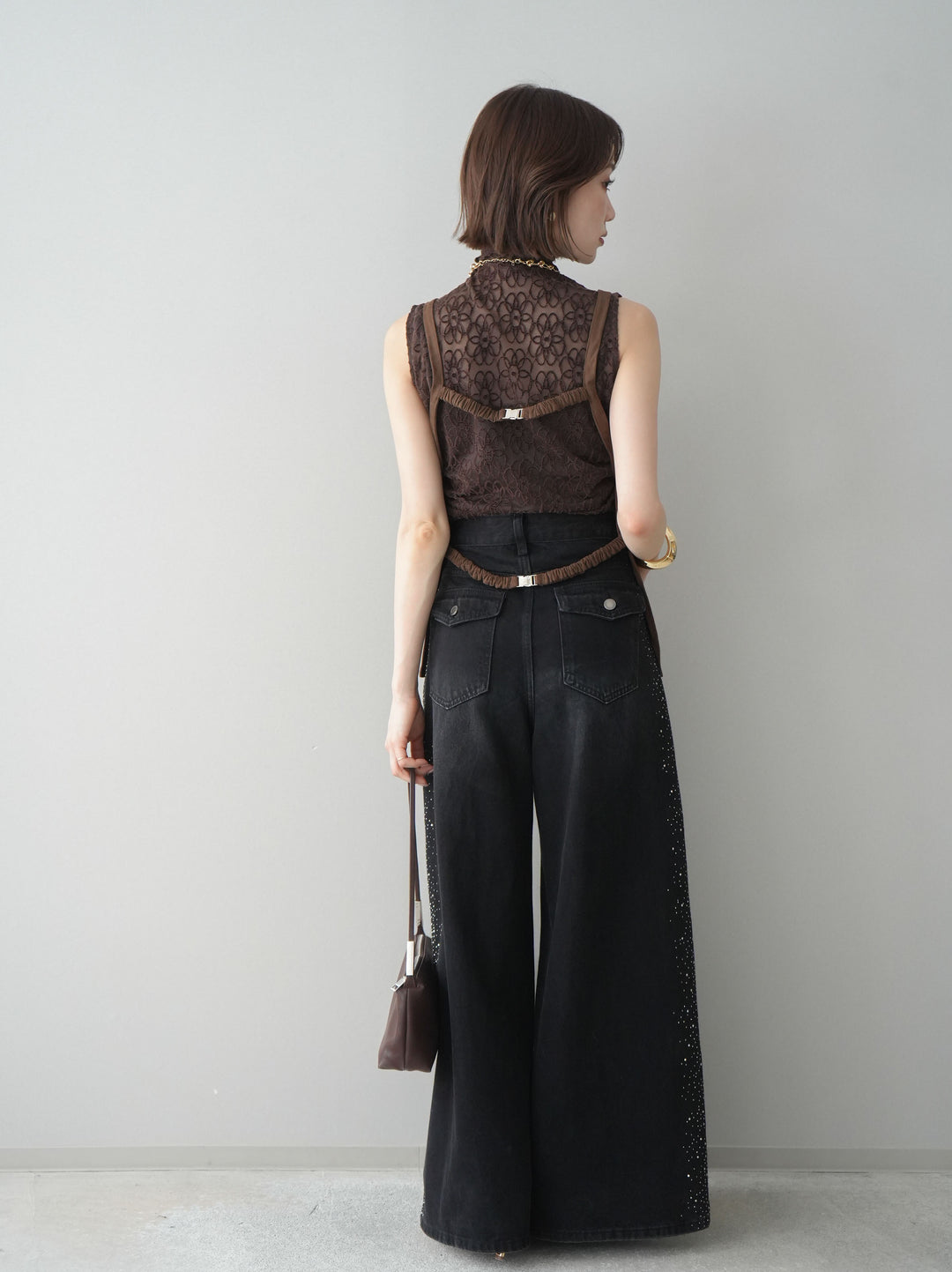 [予約]サイドビジューワイドデニムパンツ/black