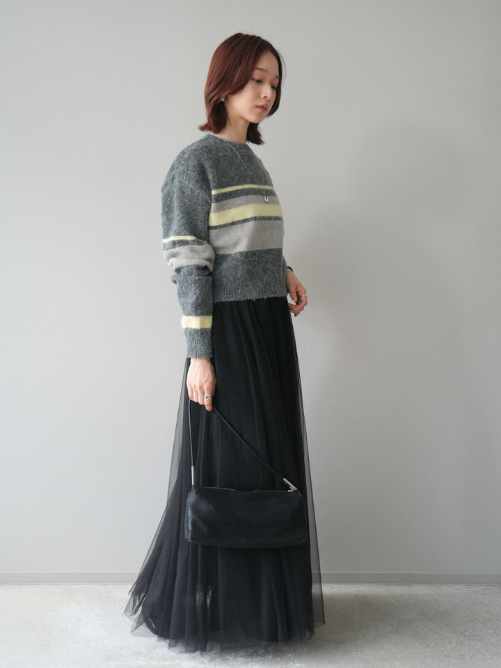 [SET]ソフトタッチボーダークロップドニットプルオーバー+チュールボリュームスカート(2set)