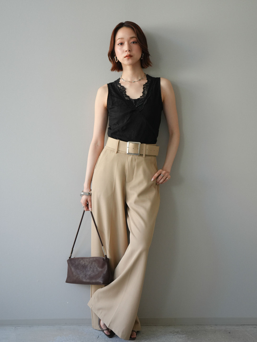 [予約]シアーストレッチレースノースリーブトップス/black