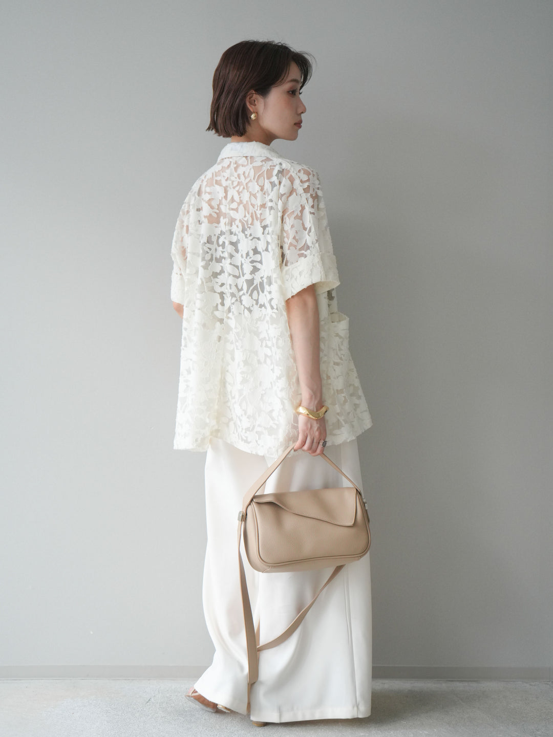 【套裝】花朵蕾絲短袖外套+垂褶收腰帶環長褲（兩件套）