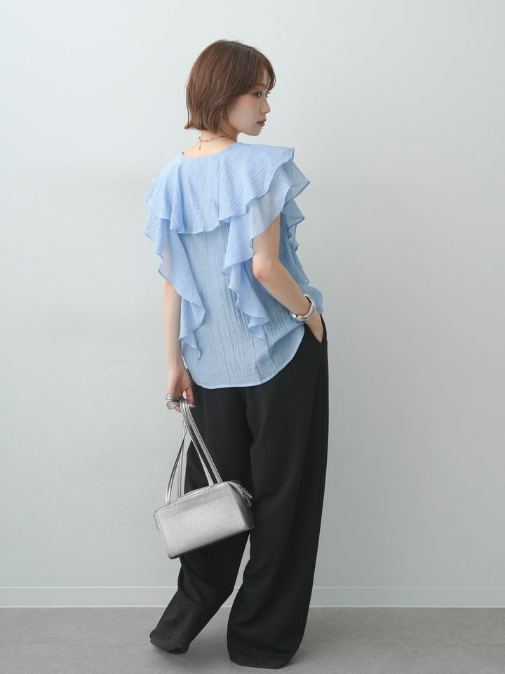 [SET]シアー楊柳ラッフルフリルノースリブラウス+リラックスドレープスウェットパンツ(2set)