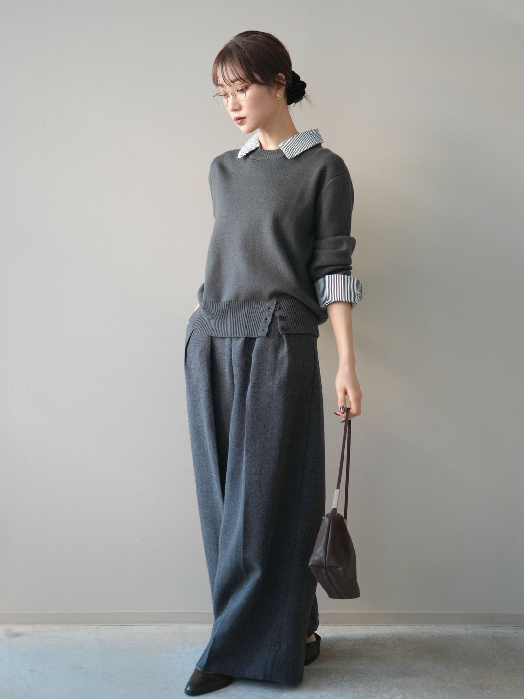 [予約]ウールタッチベルト付ワイドパンツ/charcoal