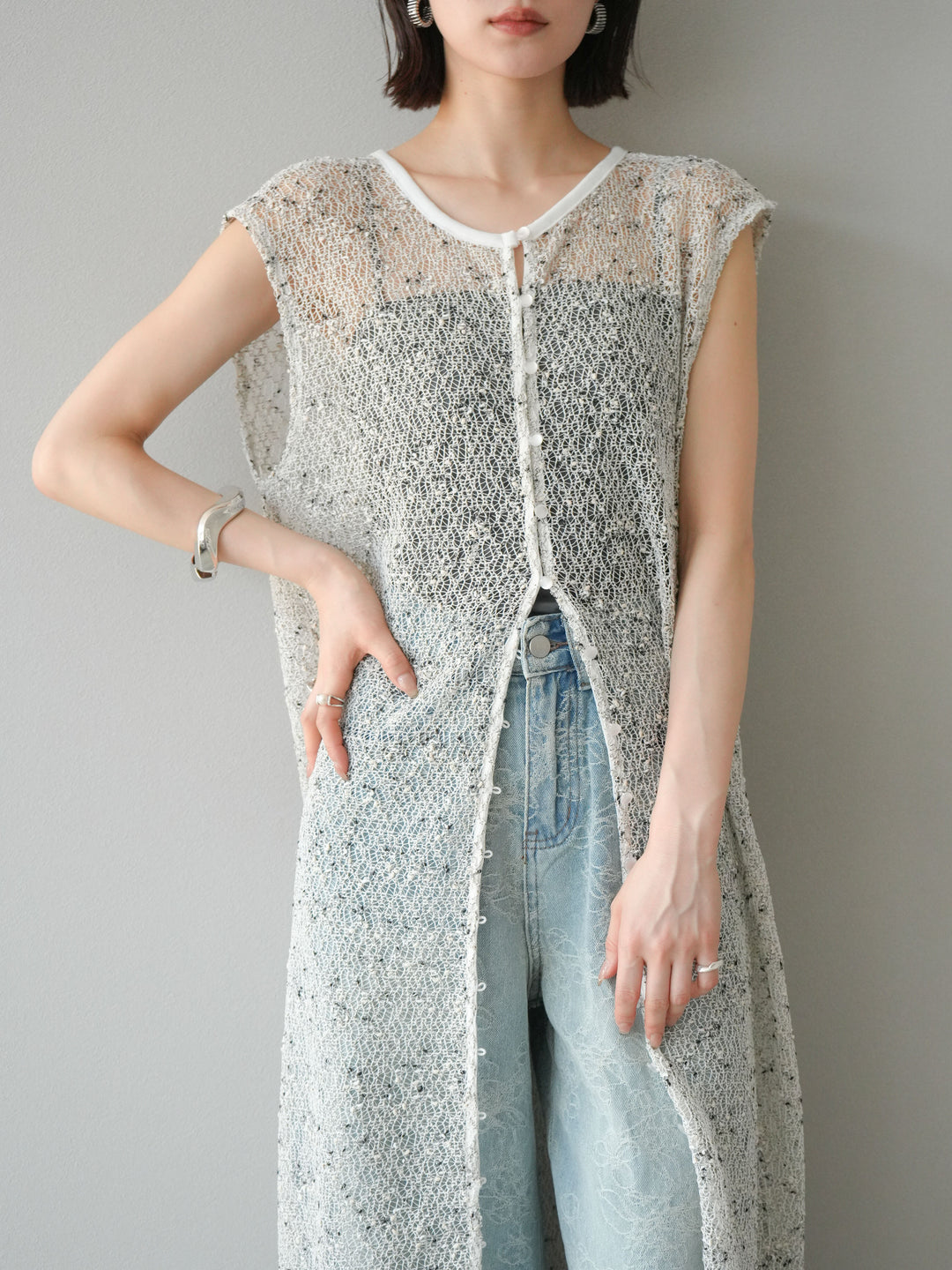 [預訂] 2WAY 棉絨網眼連身裙/米白色