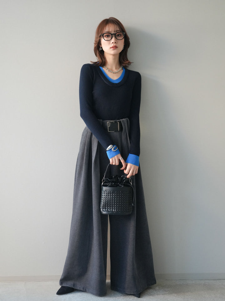 [予約]Uネック配色レイヤードリブニットトップス/black