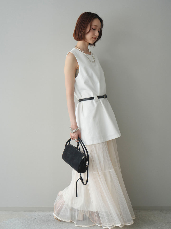 [SET]ベルト付リネンライクノースリチュニック+ラメプリーツレイヤードチュールロングスカート(2set)