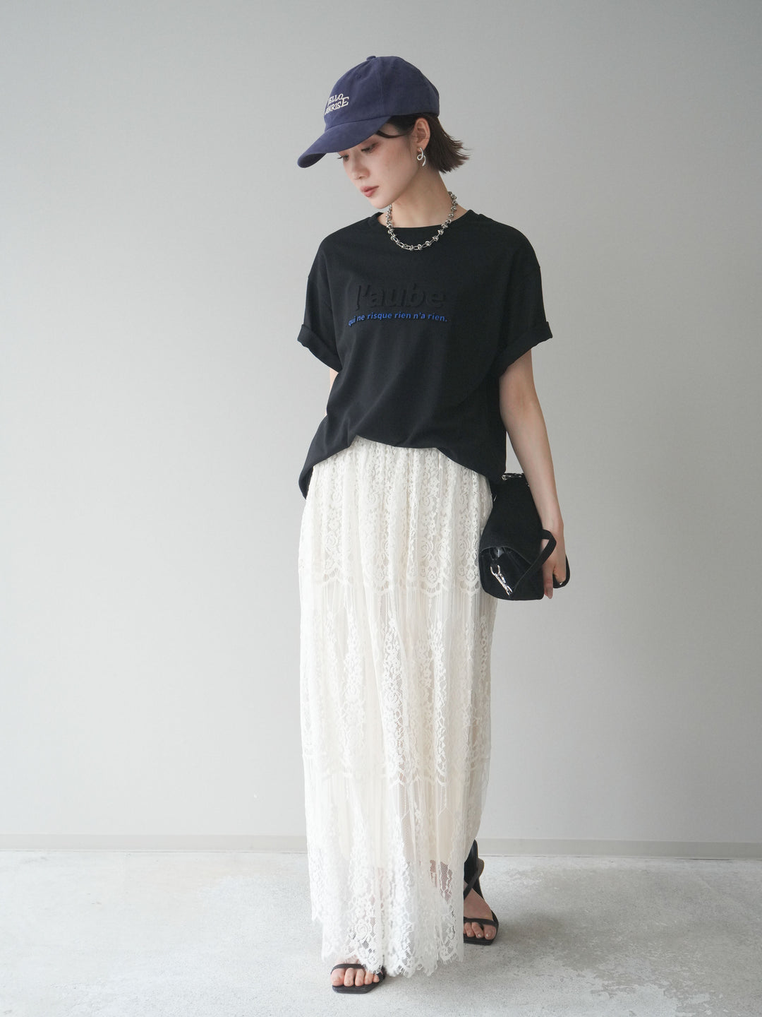 [SET]エンボスロゴTEE+裏プリーツ総レースロングスカート(2set)