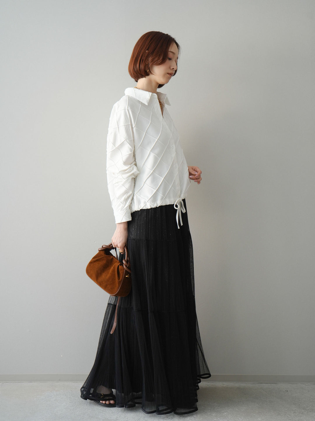 [予約]ラメプリーツレイヤードチュールロングスカート/black