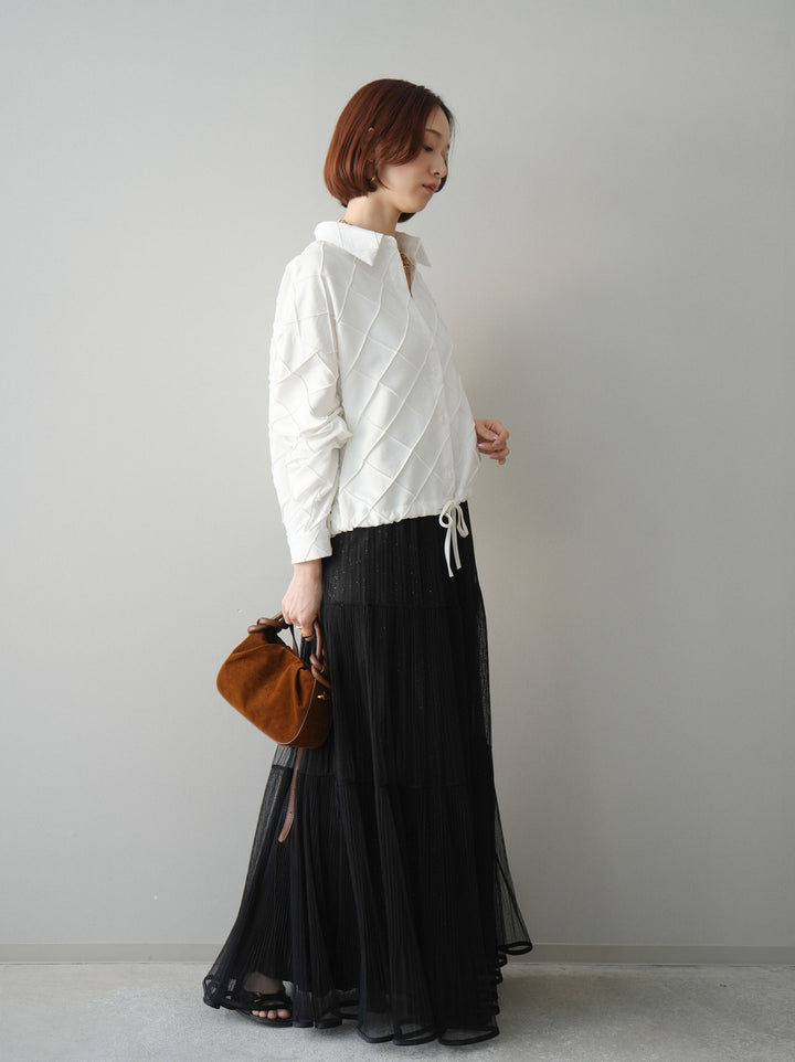 [予約]ラメプリーツレイヤードチュールロングスカート/black