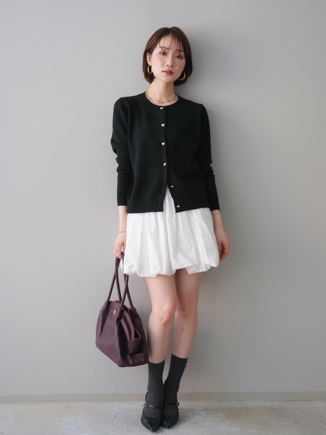 [予約]ハートボタンニットカーディガン/black