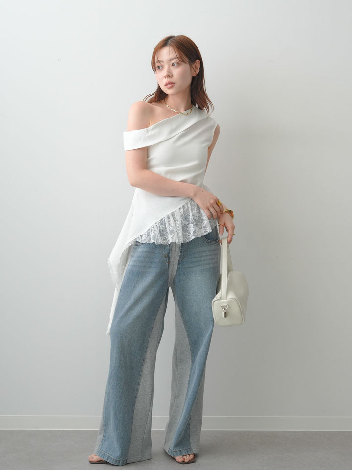 [SET]アシンメトリーラッフルレースヘムトップス+デニム切替スウェットパンツ(2set)
