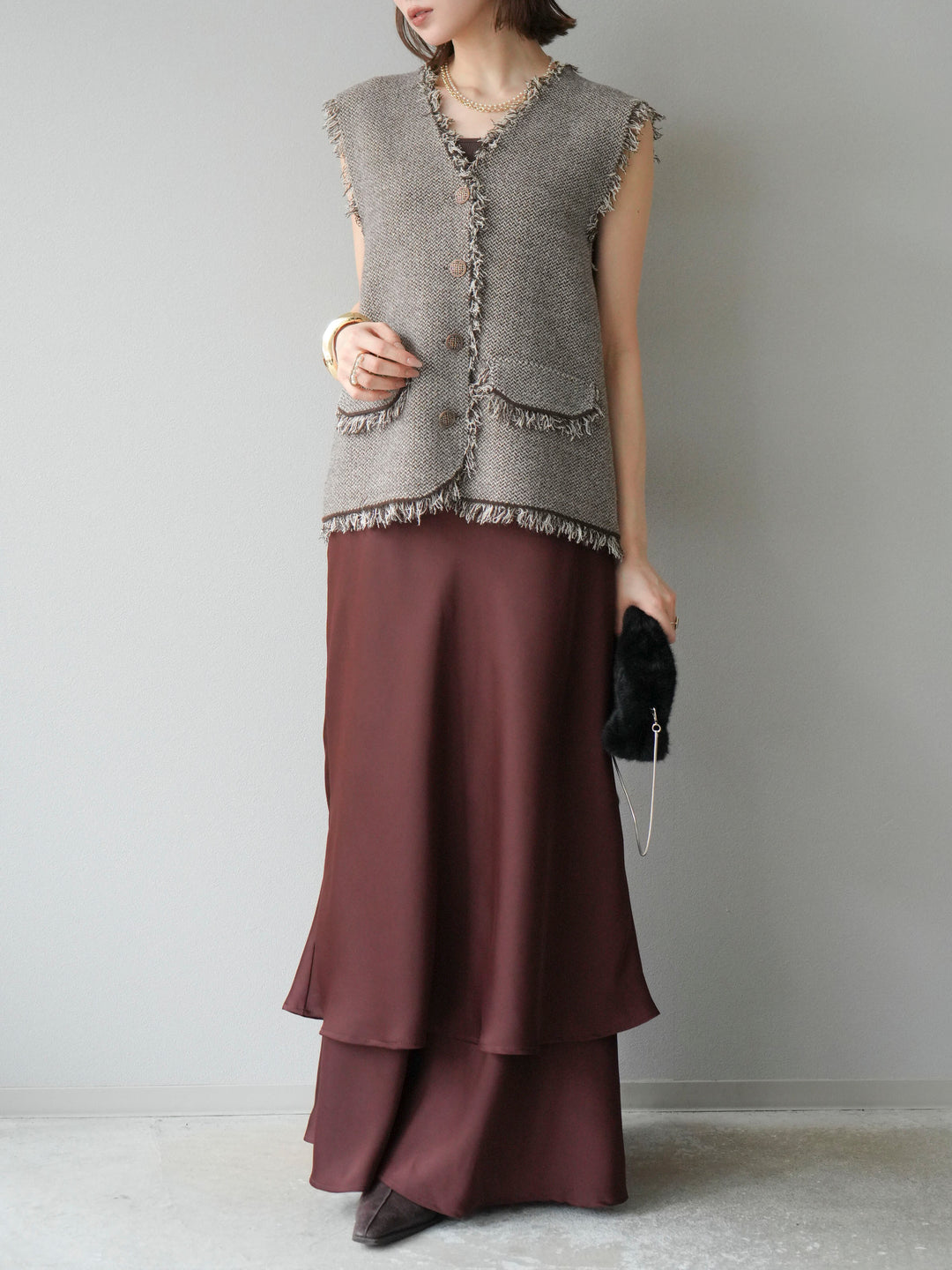 [予約]サテンフリルスカート/ブラウン