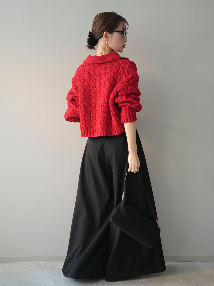 [SET]バルキーケーブルクロップド開襟プルオーバー+テープベルトタックバギーパンツ(2set)