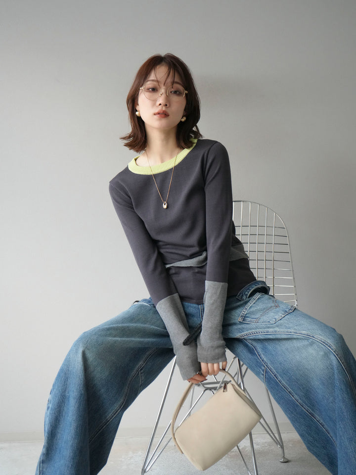 [予約]異素材配色デザインニットトップス/チャコール