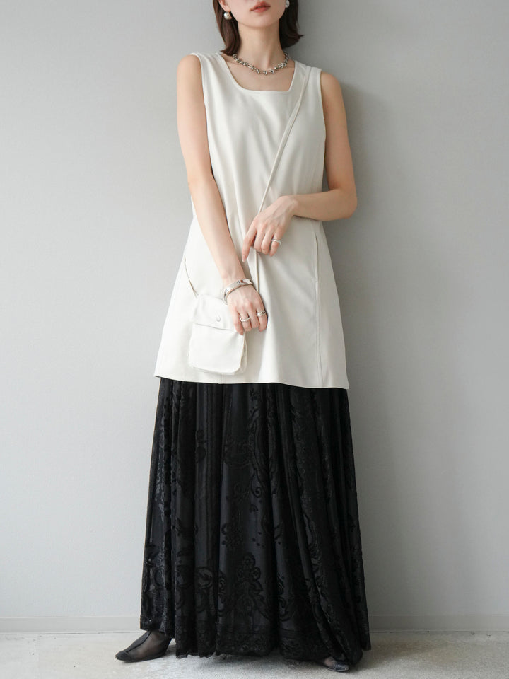 [予約]アンティーク柄フロッキーマキシスカート/ブラック