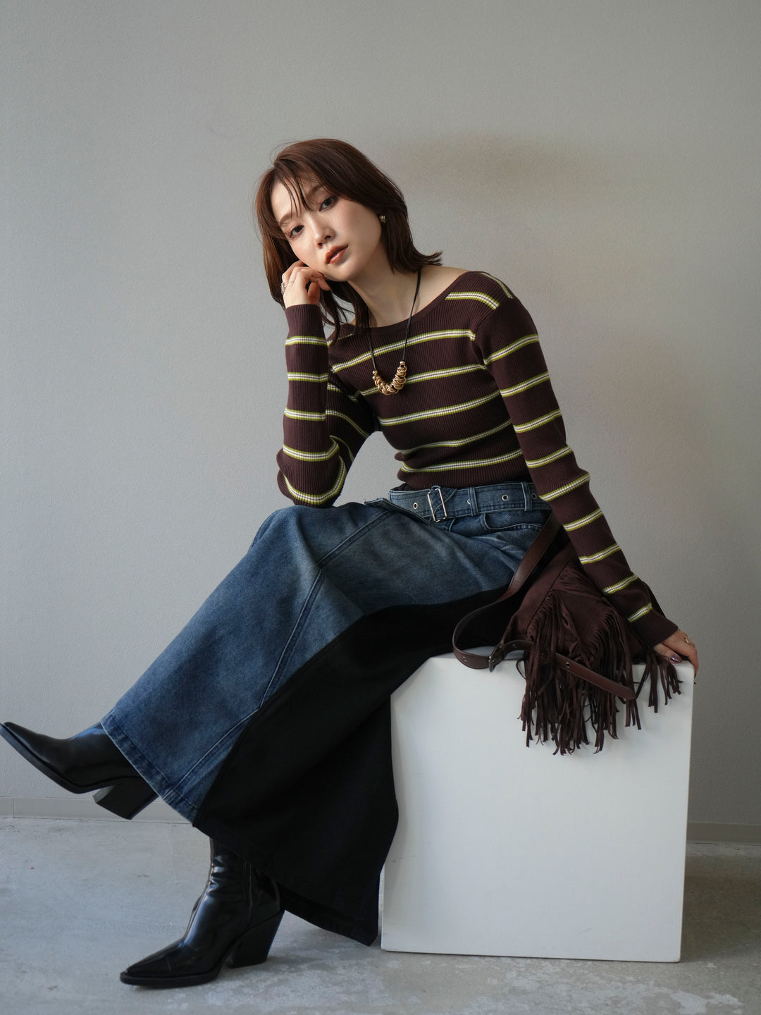 [予約]バックオープンボーダーテレコリブトップス/ブラウン