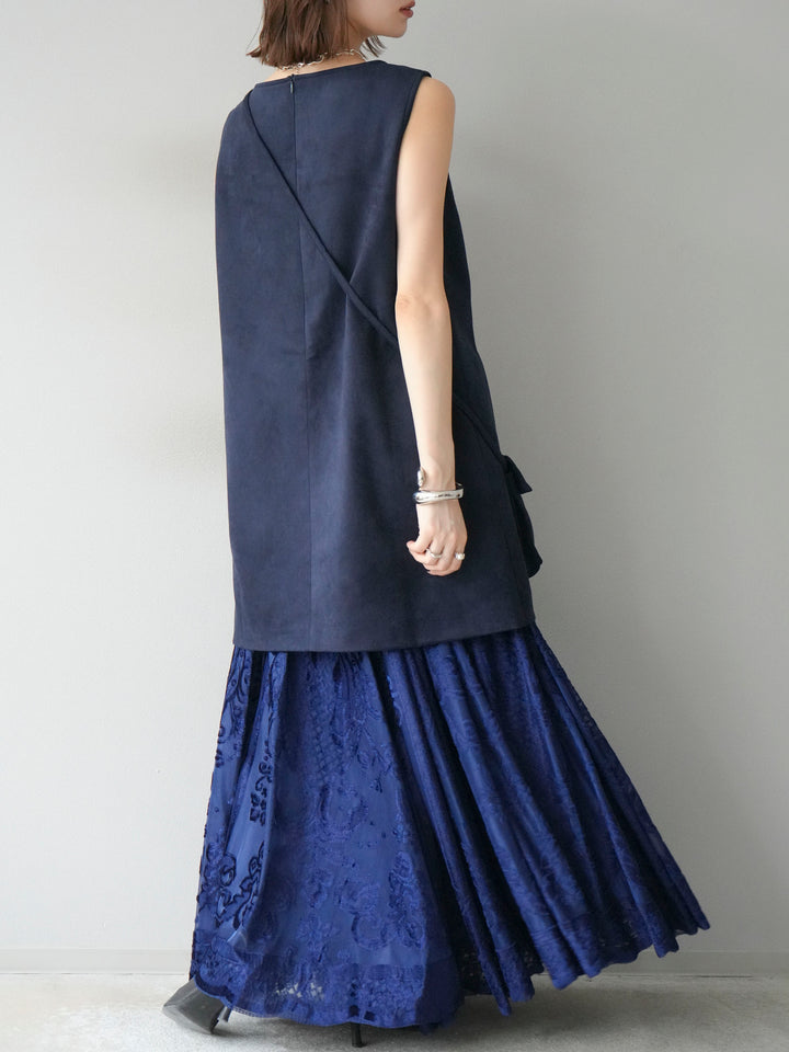 [予約]アンティーク柄フロッキーマキシスカート/ブルー