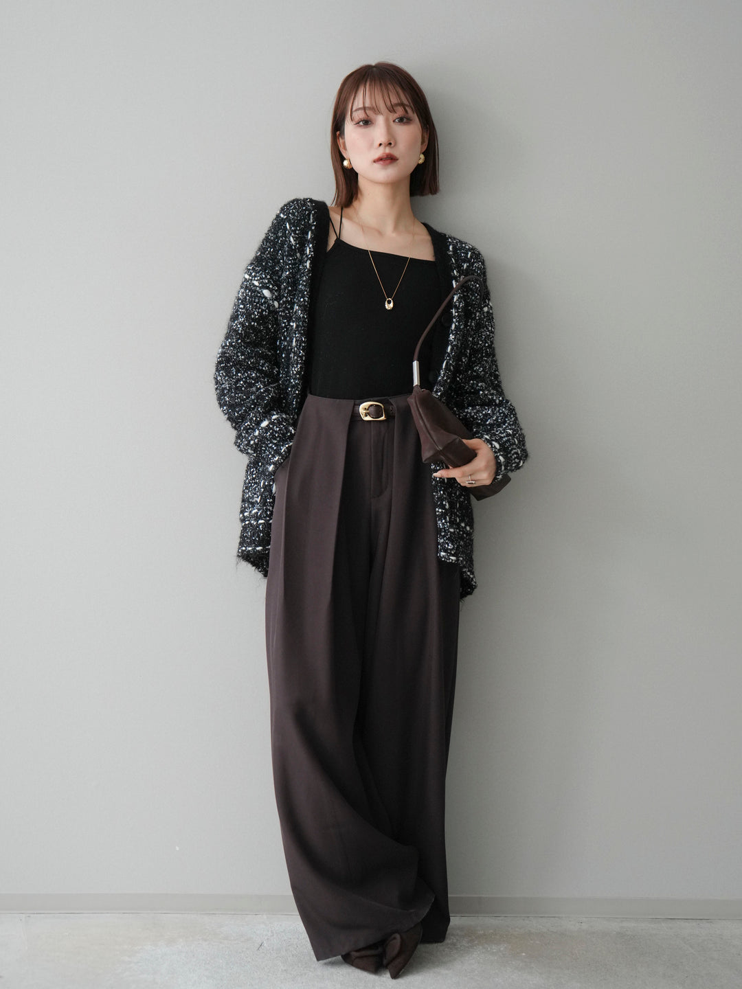 [SET]ブークレハンドステッチニットカーディガン+ベルトループデザインワイドパンツ(2set)