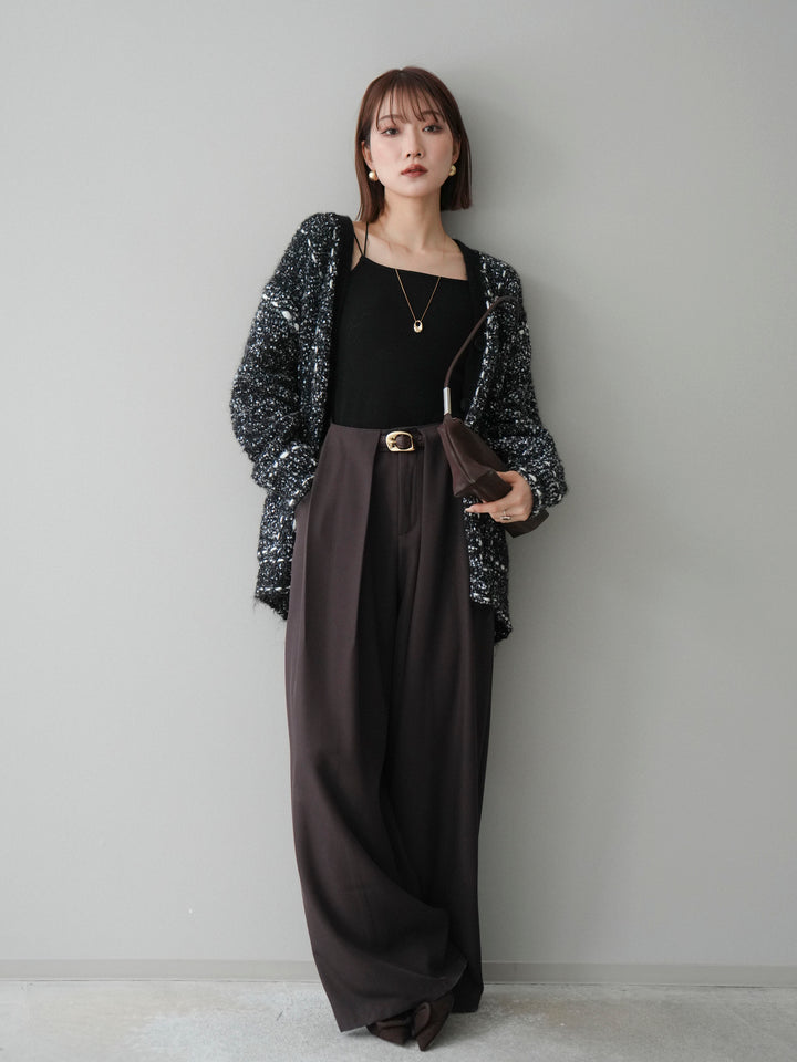 [SET]ブークレハンドステッチニットカーディガン+ベルトループデザインワイドパンツ(2set)