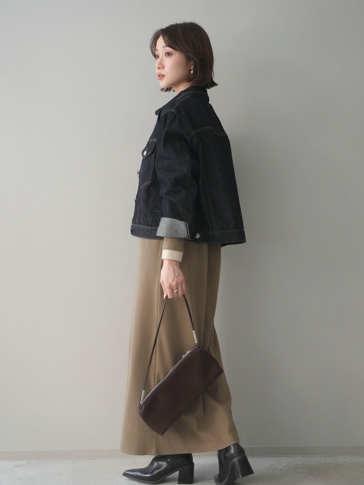 [SET]配色レイヤードヘンリーネックカットリブワンピース+配色ステッチデニムジャケット(2set)