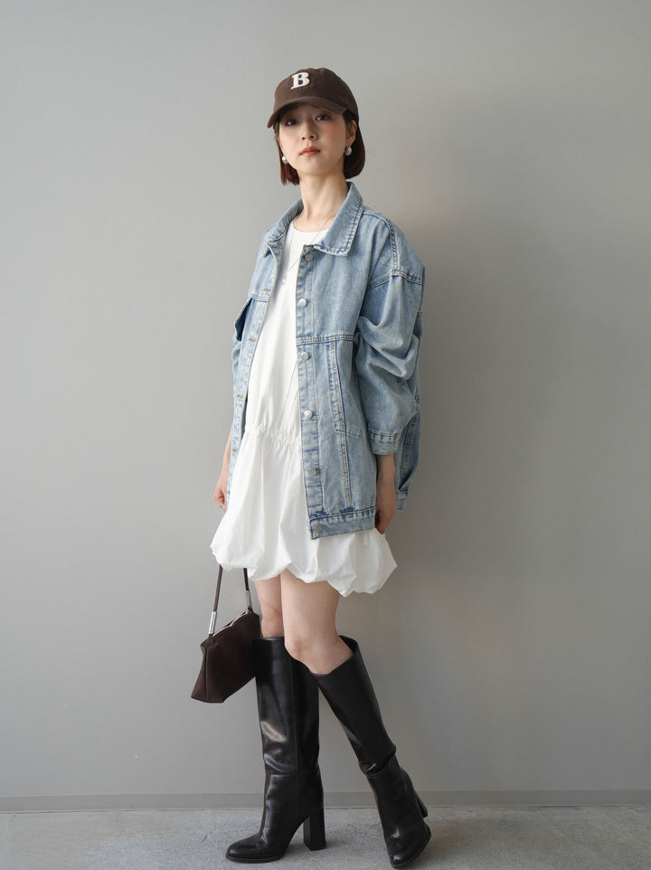 [SET]ノースリバルーンミニワンピース+デザインBIGポケットオーバーデニムジャケット(2set)