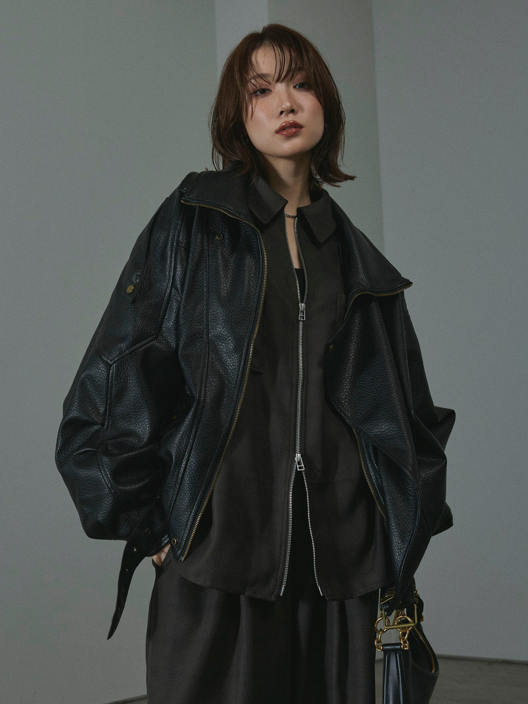 【Allure】[SET]スタンドカラーレザーブルゾン+スタンドカラーレザーブルゾン(2set)