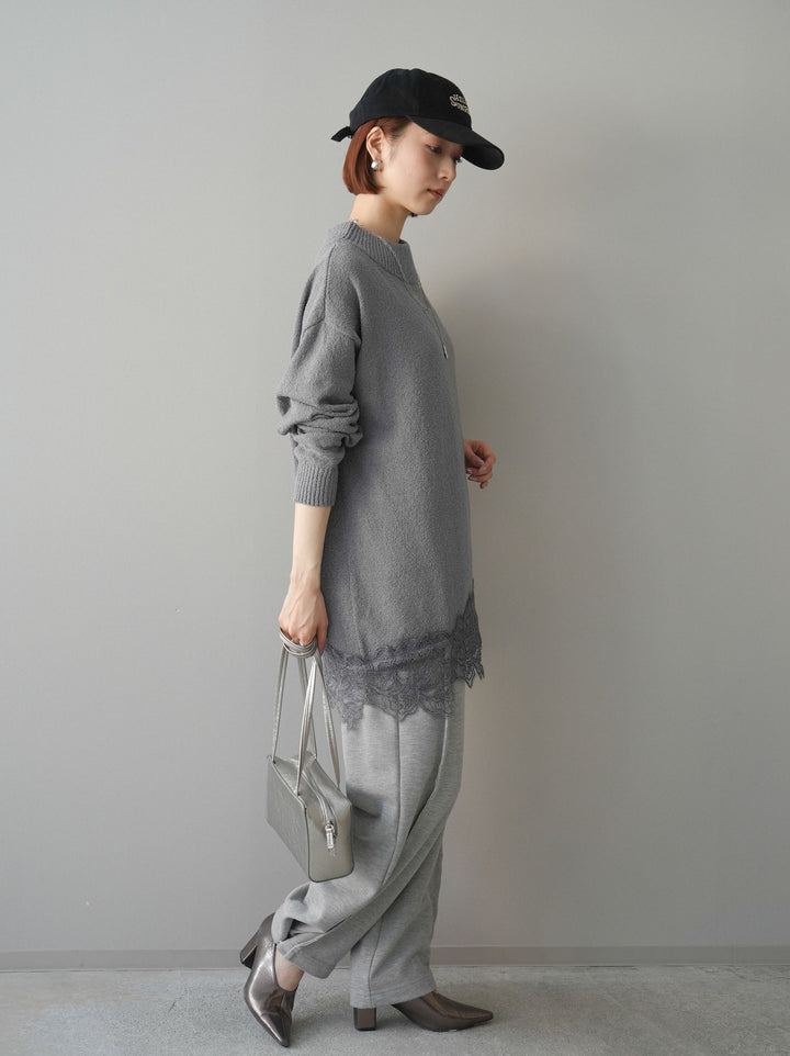 [SET]アシンメトリーレースヘムニットプルオーバー+2WAYデザインスウェットパンツ(2set)