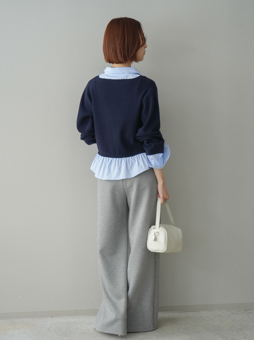 [SET]ストライプシャツUネックドッキングニットプルオーバー+イージーポンチワイドパンツ(2set)