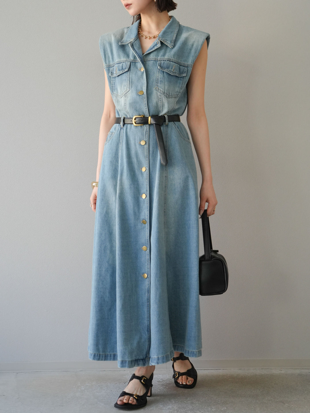[予約]ベルト付デニムシャツデザインワンピース/ライトブルー