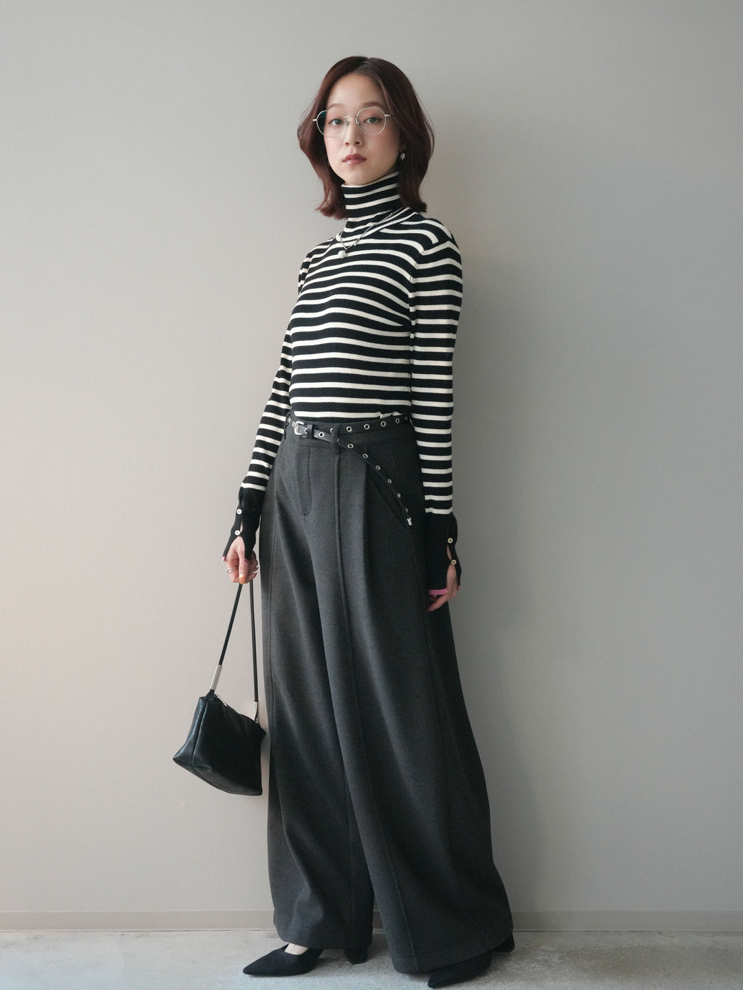 [SET]袖配色ハイネックボーダーリブニットトップス+ベルト付き裏起毛ワイドパンツ(2set)