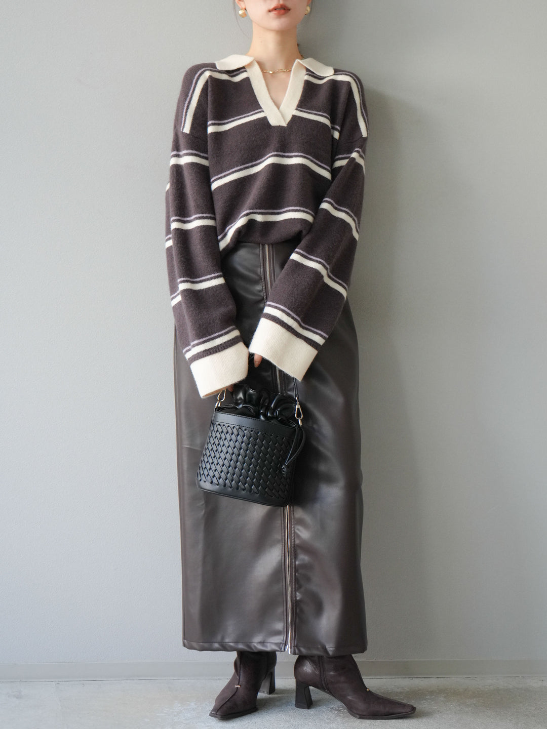 [予約]フェイクレザーZIPタイトスカート/ブラウン