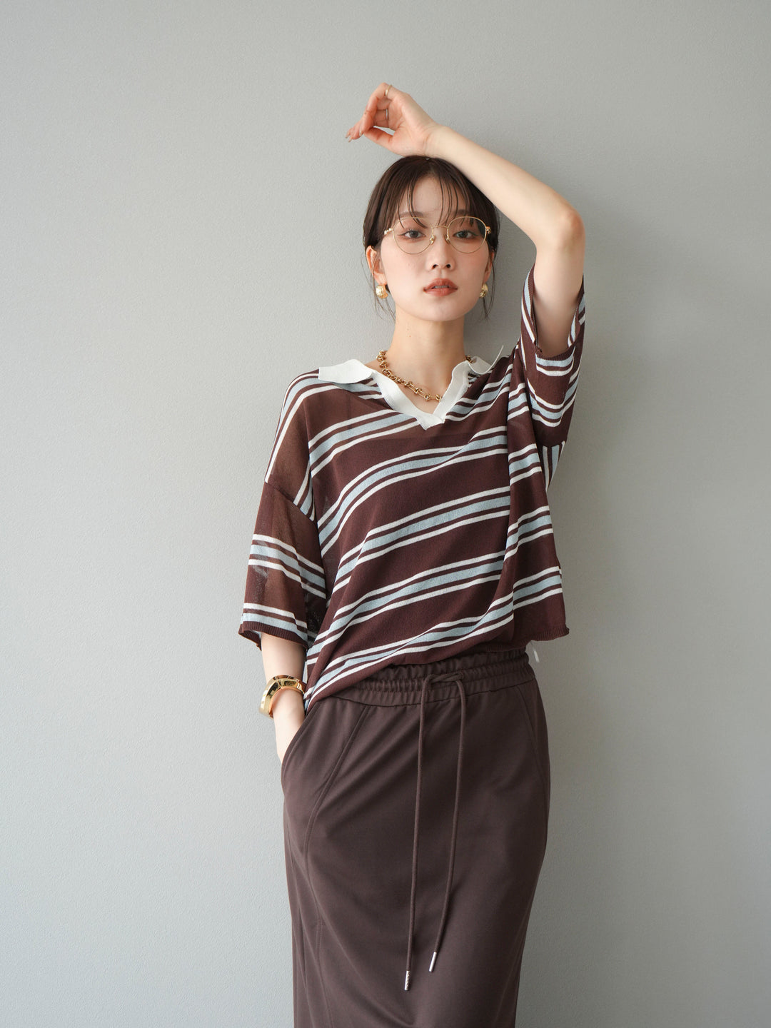 [予約]シアーポロニットプルオーバー/ブラウンボーダー