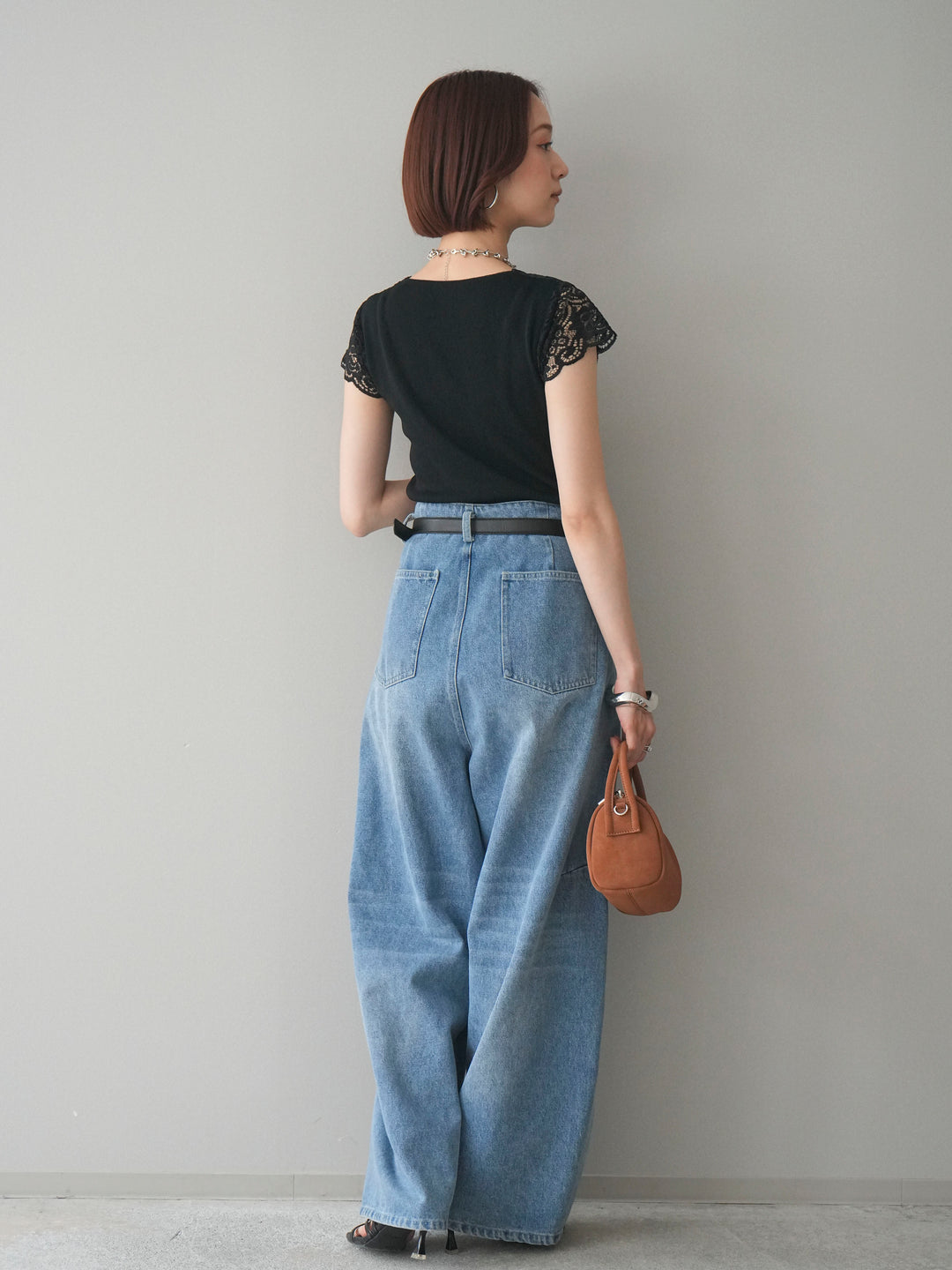 [SET]パールボタンレース切替ニットトップス+ハイウエストベルトループデザインデニムパンツ(2set)