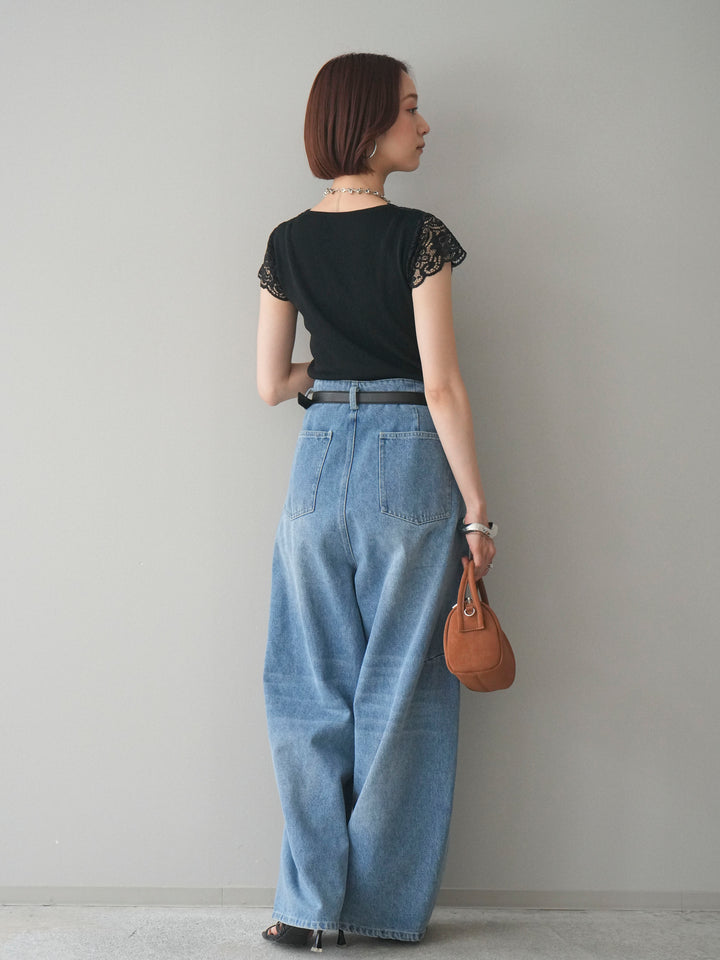 [SET]パールボタンレース切替ニットトップス+ハイウエストベルトループデザインデニムパンツ(2set)