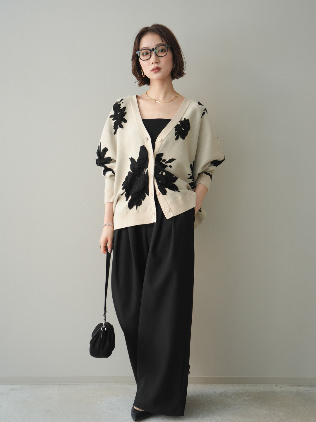 [予約]サテンベルトタックワイドパンツ/black