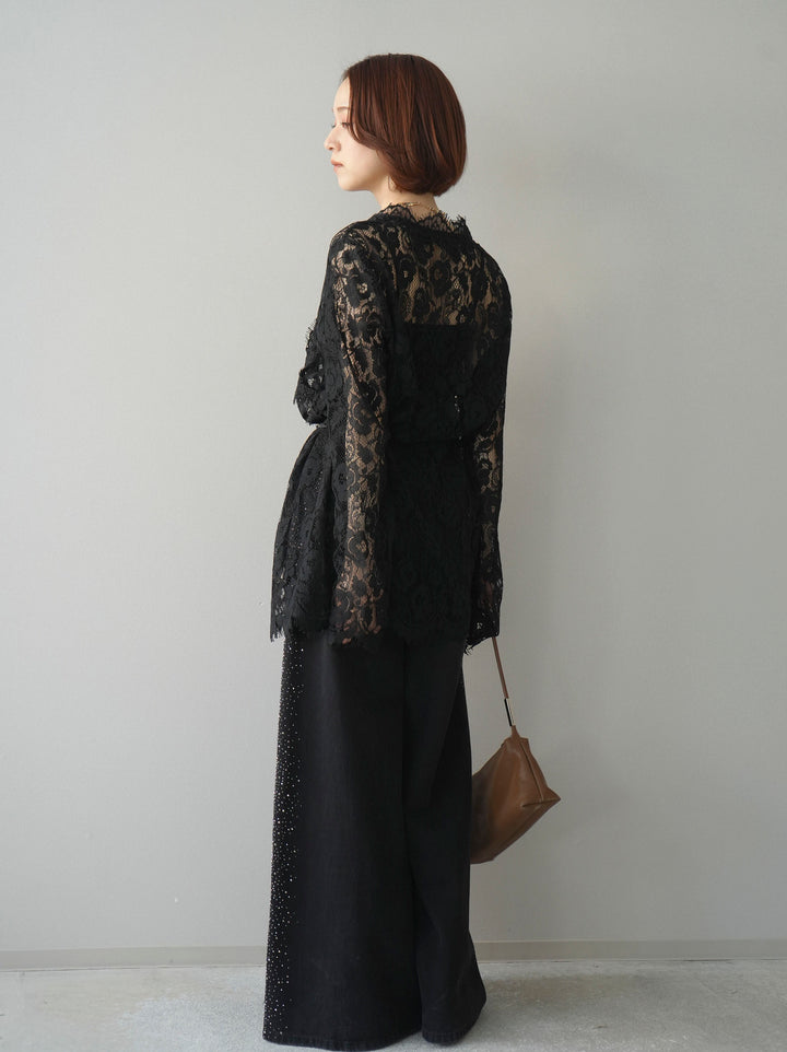 [予約]サイドビジューワイドデニムパンツ/black