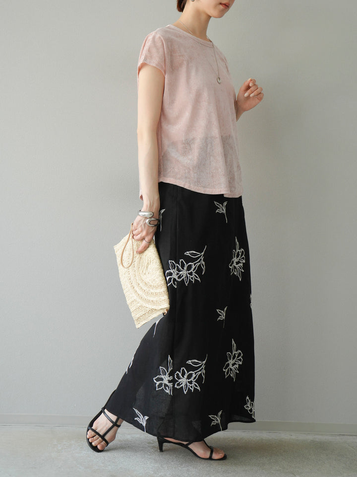 [予約]フラワー刺繍ナロースカート/ブラック