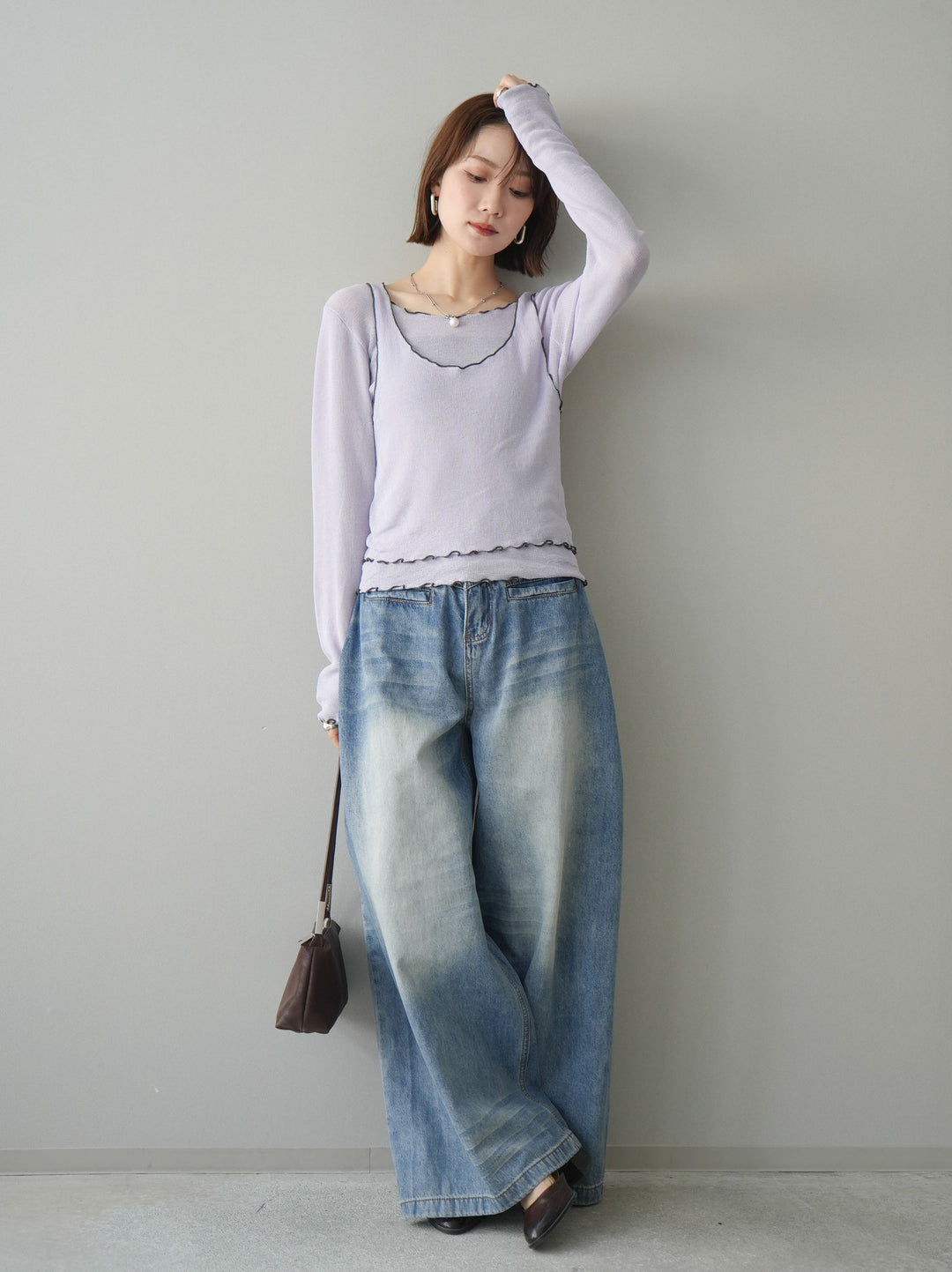 [SET]バイカラーメローアンサンブルシアーニットトップス+フロントポケットサイドタックワイドデニム(2set)