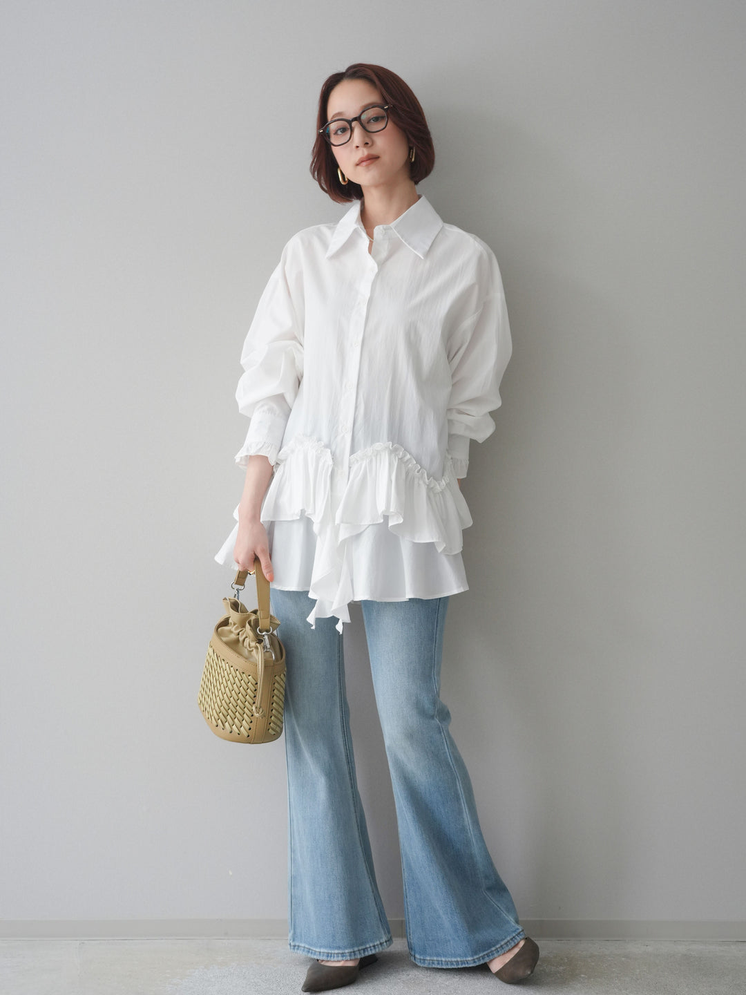 [SET]ラッフルデザインティアードブラウス+ハイウエストフレアデニムパンツ(2set)