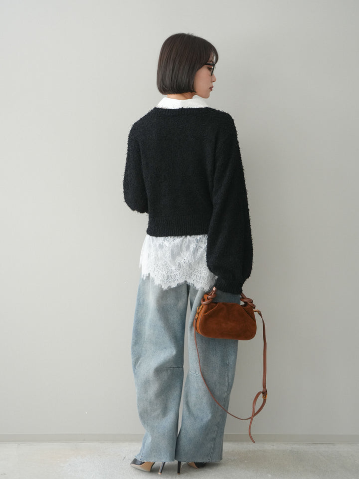 [予約]裏起毛カットオフカーブデニムパンツ/blue