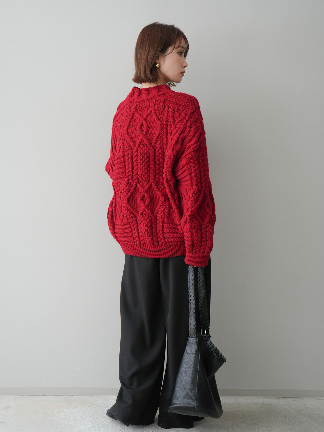 [SET]ケーブル編みモックネックニットプルオーバー+ベルトループデザインワイドパンツ(2set)