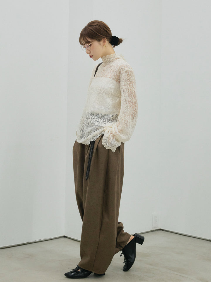 【Allure】[SET]ハイネックレーストップス+モックスカルゼサイドタックコクーンパンツ(2set)