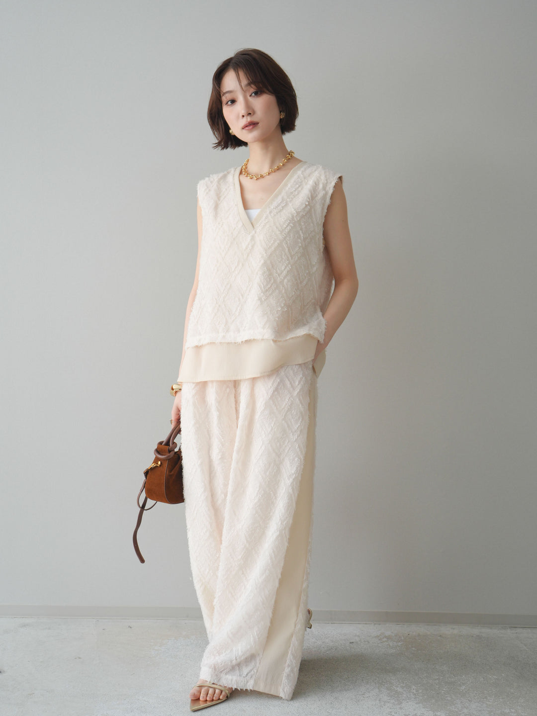 [SET]フリンジレイヤードVネックノースリーブ+フリンジイージーストレートパンツ(2set)