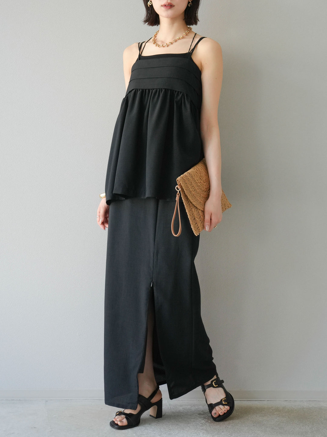 [予約]リネンライクZIPスリットタイトスカート/ブラック