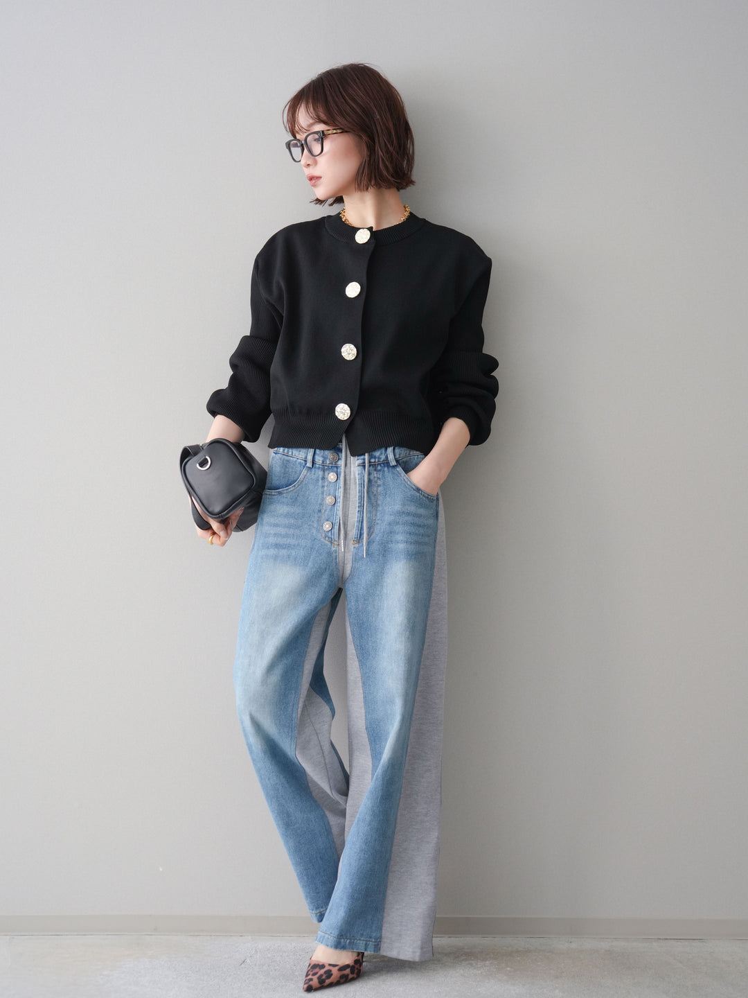 [SET]メタルボタンクルーネックニットカーディガン+デニム切替スウェットパンツ(2set)
