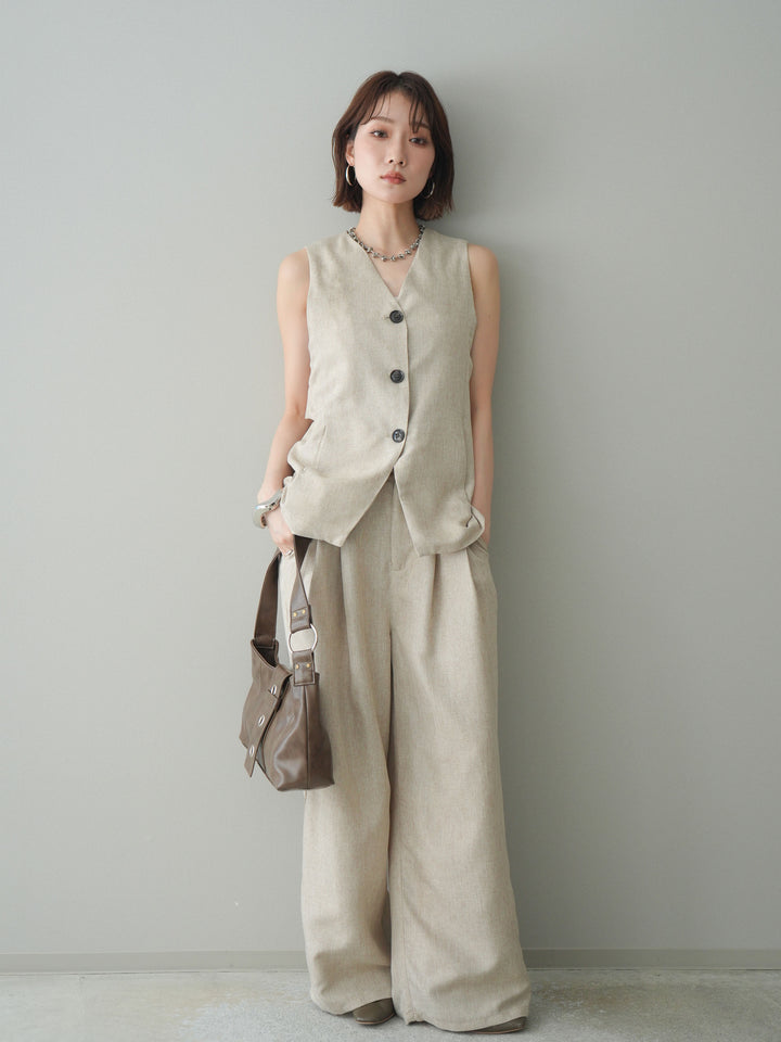 [SET]リネンライクバックオープンジレ+リネンライクタックワイドパンツ(2set)
