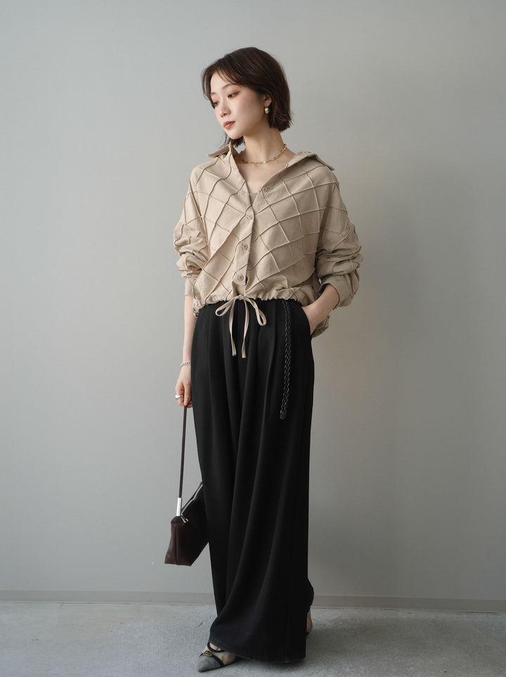 [SET]パイピングクロスデザインブラウス+編み込みベルト付タックワイドパンツ(2set)