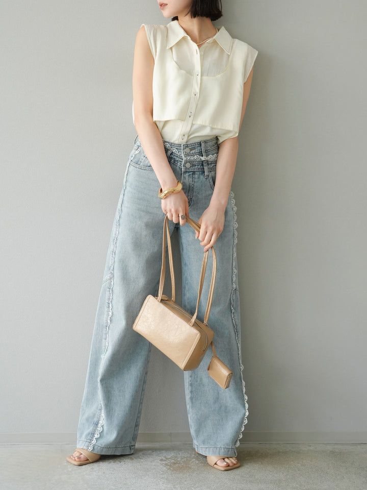 [SET]ステッチシアーレイヤードデザインブラウス+ラインレースデニムパンツ(2set)